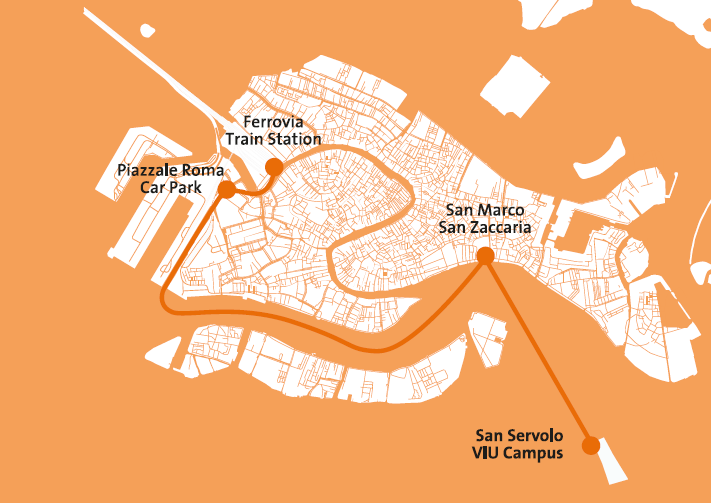 Map of Venice with transport route from train station to San Servolo